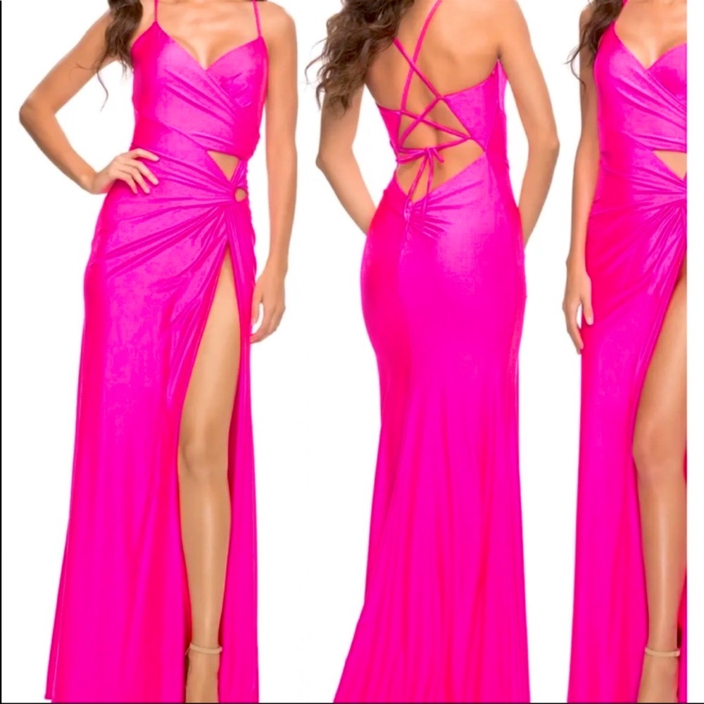 New La Femme Hot Pink Cut Out Cocktail Prom Gala Wedding Party Hi Slit Gown